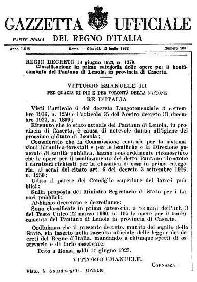 lenola regio decreto 1923, Pantano di Lenola, Gazzetta Ufficiale del Regno d'Italia, Lenola